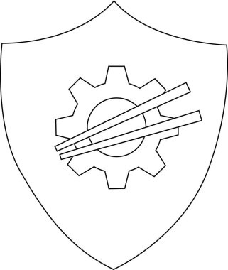 A shield contains a gear and chopsticks in a line art design