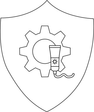 Teçhizatlı kalkan, karalamalı güneş kremi tüpü.