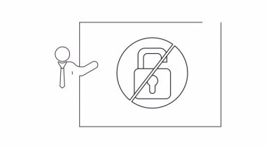 Çapraz çemberin içinde kilitli olmayan bir asma kilidi olan bir tabelayı gösteren bir çizgi.