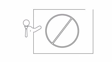 Bir kişi, çapraz çizilmiş bir bilgisayar ekranını gösteren bir tabelaya işaret ediyor.