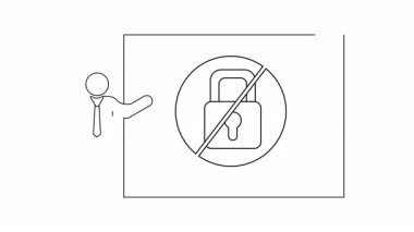 Çizim, yasaklı işareti içinde kilit sembolü olan bir diyagram sunan kişiyi gösterir.