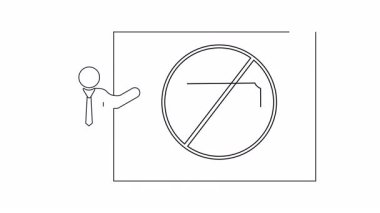 Yapışkan figür sunucusu çerçevelenmiş bir beyaz tahta üzerinde gösterilen çemberin içinde yasaklayıcı bir çizgi içeren bir işaret para faturasına işaret ediyor