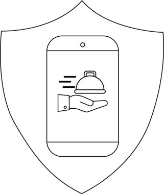 Kapalı bir tabağı tutan, güvenli ve güvenilir yemek dağıtım hizmetlerini sembolize eden mobil bir uygulama içeren bir kalkan..