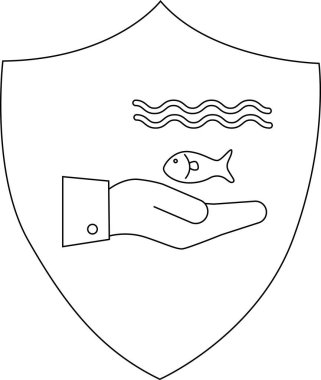 A shield emblem featuring a hand holding a fish under water waves, symbolizing environmental protection and marine conservation.