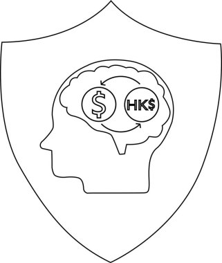İçinde para birimi sembolleri olan bir kafanın bulunduğu bir kalkan amblemi. Mali istihbarat, para değişimi ve küresel işlemlerin korunmasını temsil ediyor..