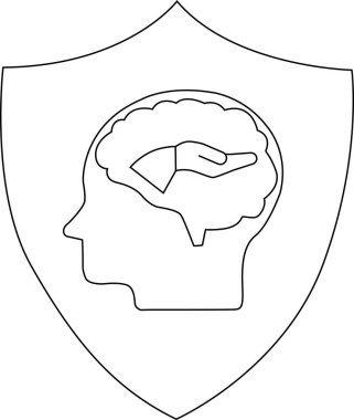 Bir beyin ve el içeren bir kalkan amblemi, zihinsel sağlık koruma ve bakımını sembolize ediyor, temiz, minimalist bir tarzda yapılmış..