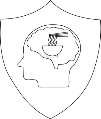 Eriştelerle dolu bir beynin bulunduğu bir kalkan amblemi. Mutfak düşüncesi, yemek saplantısı ya da aşçılık yoluyla zihinsel beslenme kavramını sembolize ediyor..