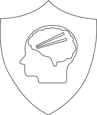 Kafanın içinde şekillendirilmiş bir beyin olan, yemek çubuklarıyla delinmiş, zihinsel dayanıklılık ve odaklanmayı temsil eden bir kalkan amblemi. Siyah beyaz çizgi sanatı.