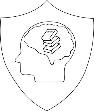 İçinde istiflenmiş kitaplar, bilgi, öğrenme ve entelektüel korumayı temsil eden bir beyin barındıran bir kalkan amblemi. Eğitim veya entellektüel temalar için ideal.