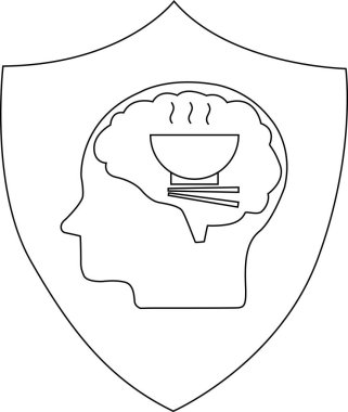 Eriştelerle dolu bir beyin profili olan zihinsel beslenmeyi ve zihinsel korumayı sembolize eden bir kalkan. Çizgi sanatı.