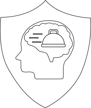 Zihinsel koruma ve gıda güvenliğini sembolize eden, kalkan içindeki bir beyni tasvir eden kavramsal illüstrasyon. Görüntüde besin ve refahı temsil eden, beynin içinde hizmet veren bir kubbe var..
