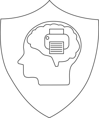 İçinde yazıcı sembolü olan bir beyin silueti içeren bir kalkan, veri güvenliğini, bilgi korumasını ve fikri mülkiyetin korunmasını temsil ediyor..