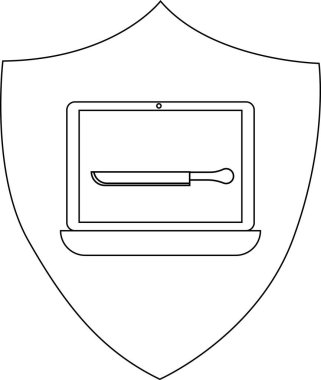 Ekranda bıçak olan bir dizüstü bilgisayarın bulunduğu bir siber güvenlik kalkanı, tehdit koruması ve dijital güvenlik önlemlerini simgeliyor..