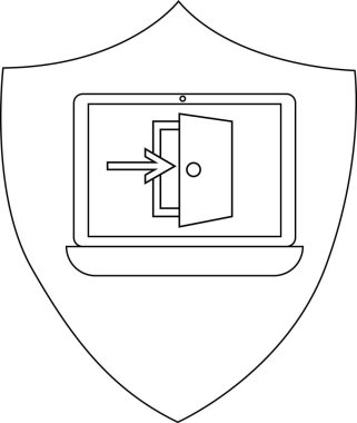 İçinde bir bilgisayar, açık bir kapı ve içeriyi gösteren bir ok bulunan bir siber güvenlik kalkanı sistem erişimini ve korunmasını simgeliyor..