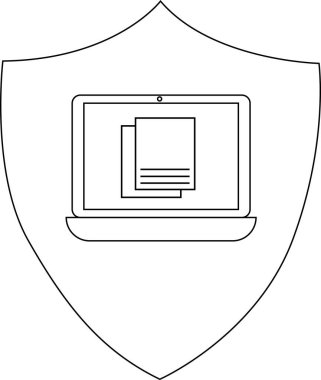 Belgeleri ekranda gösterilen bir dizüstü bilgisayar, veri koruması ve siber güvenliği sembolize eden bir kalkan tarafından korunuyor..