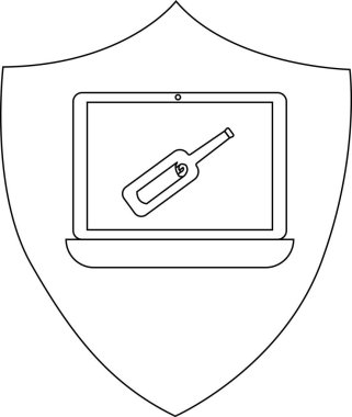 Kalkan içinde gösterilen bir dizüstü bilgisayar, termometre simgesi, sağlık izleme ve dijital güvenliği sembolize ediyor.