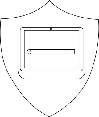 İçinde dijital güvenlik ve siber tehditlere karşı korunmayı simgeleyen bir dizüstü bilgisayar olan bir kalkan. Güvenlik verilerini ve aygıtlarını temsil eder.