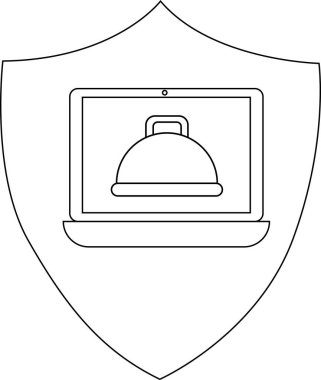 Laptop ve yemek kubbesine sahip kalkan, çevrimiçi gıda siparişi, dağıtım veya restoran teknolojisi çözümlerini temsil eden, logo veya simge tasarımı için uygun.