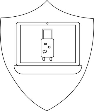 Bilgisayarında bavul olan bir kalkan. Çevrimiçi seyahat güvenliğini ve seyahat verilerinin korunmasını simgeliyor..