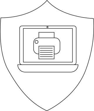 Hassas belgeler için güvenli yazdırma çözümleri ve veri korumasını sembolize eden, yazıcılı bir dizüstü bilgisayarın yer aldığı bir kalkan simgesi.