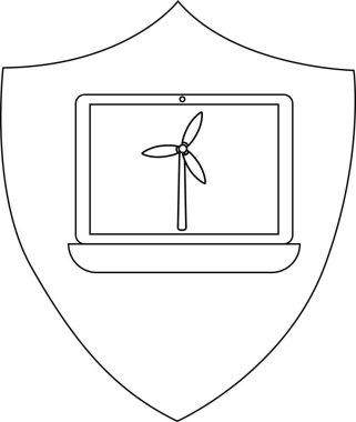Yeşil teknolojiyi, yenilenebilir enerjiyi ve dijital çağda çevre korumasını temsil eden bir rüzgar türbini gösteren dizüstü bilgisayarlı bir kalkan amblemi..