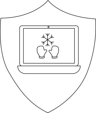 Kar tanesi ve eldivenleri gösteren bir dizüstü bilgisayarın yer aldığı bir kalkan simgesi, kış teknolojisini sembolize ediyor veya cihazlar için soğuk havaya karşı koruma sağlıyor..