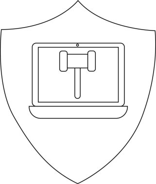 Üzerinde bir dizüstü bilgisayar bulunan bir kalkan amblemi dijital yasayı, siber güvenliği ve modern bir tasarımda yasal teknolojiyi sembolize ediyor..