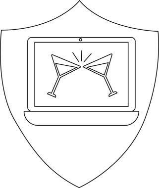 Kızartma bardaklarını gösteren bir dizüstü bilgisayarın amblemi, çevrimiçi kutlamaları ve koruyucu bir bağlamda sanal toplantıları sembolize ediyor..