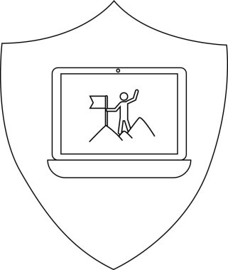 Başarı ve başarıyı sembolize eden, bir dağın tepesine ulaşan bir insanı gösteren, dizüstü bilgisayarlı bir kalkan tasarımı..