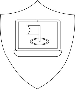 Golf sahasında bayrak gösteren dizüstü bilgisayarın bulunduğu bir kalkan amblemi, spordaki veya boş zamanlardaki dijital güvenliği simgeliyor..