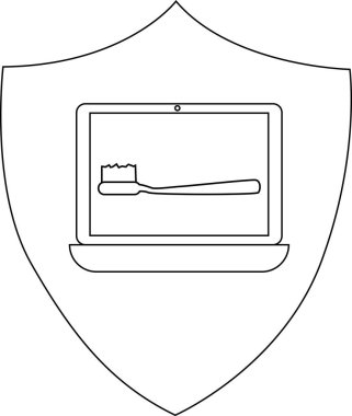 Diş fırçasını gösteren, dijital diş hijyeni ve teknolojinin ağız bakımındaki rolünü sembolize eden bir dizüstü bilgisayar içeren bir kalkan..