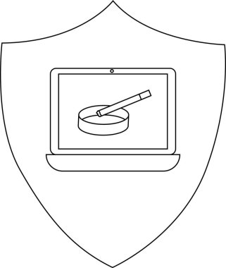 Petri kabını ve pipetini gösteren, dijital bilim güvenliğini ve araştırma verilerinin korunmasını sembolize eden bir dizüstü bilgisayar içeren bir kalkan..