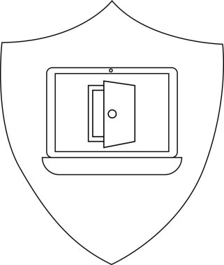 Açık kapılı bir dizüstü bilgisayar içeren bir kalkan. Dijital sistemlerdeki güvenlik açıklarını ve erişim noktalarını simgeliyor..
