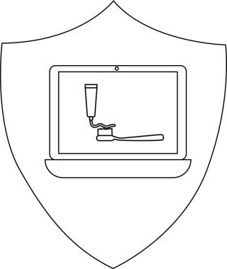 Diş fırçasına uygulanan diş macununu gösteren bir dizüstü bilgisayar içeren bir kalkan, çevrimiçi diş bakımı ve korunmayı sembolize ediyor.