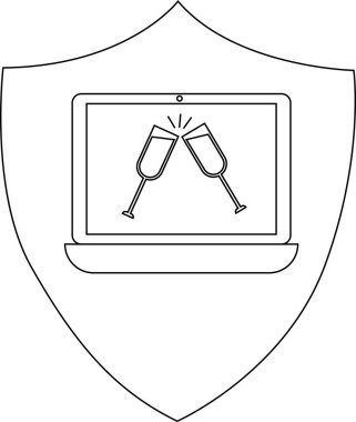 İki şampanya kadehini gösteren, güvenli online kutlamaları ve sanal olayları sembolize eden bir dizüstü bilgisayar amblemi..