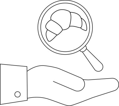 Yemek endüstrisindeki denetimi ya da kalite kontrolünü sembolize eden, kruvasan üzerinde büyüteç tutan bir el çizgisi çizimi..