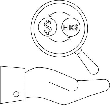Dolar üzerinde büyüteç tutan bir el ve Hong Kong dolar sembolleri, döviz analizini temsil ediyor..