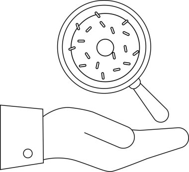 Bir el, çöreğin üzerine bir büyüteç tutarak yiyeceklerle ilgili bir durumda denetim ya da kalite kontrolü öneriyor..