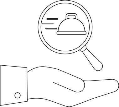 Yemek tabağına odaklanmış, yiyecek arayışını veya keşfi sembolize eden bir büyüteç tutan bir eli tasvir eden minimalist bir sanat çizgisi..