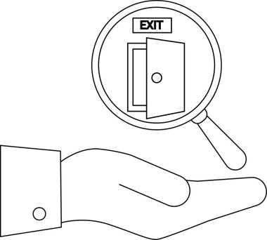 Bir el, çıkış kapısına odaklanmış bir büyüteç tutarak çıkış stratejisini, iş planlamasını ya da çözüm bulmayı sembolize eder..