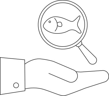 Bir el bir büyüteç tutuyor, balığı ortaya çıkarıyor, denetimi sembolize ediyor, kalite kontrolü, ya da deniz yaşamı ve su kaynaklarına odaklanıyor..