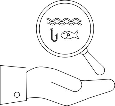 Bir el, balık, kanca ve dalgaları gösteren bir büyüteç tutuyor. Balıkçılık ya da su araştırmasını simgeliyor..