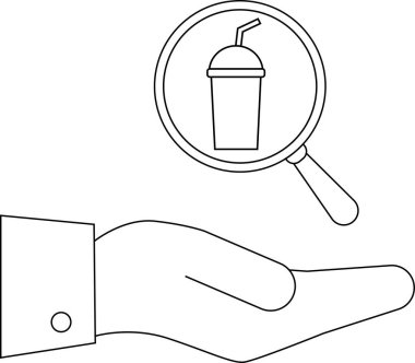 Bir el bir büyüteç tutar, pipetle bir içki bardağına odaklanır, arama ya da analizi sembolize eder..