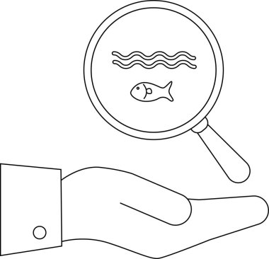 Suyu ve balığı inceleyen bir büyüteç tutan, çevresel izleme veya su kalitesi değerlendirmesini sembolize eden bir elin resmi.