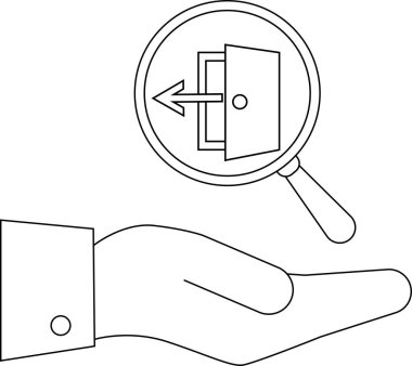 Bir el, çıkış kapısı simgesini vurgulayan, çözümleri veya fırsatları sembolize eden bir büyüteç tutar.