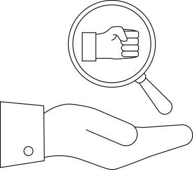 Yumruğun üzerinde büyüteç tutan bir el tasviri güç analizini, gücü ya da denetimi sembolize ediyor. Minimalist tasarım, siyah ve beyaz.