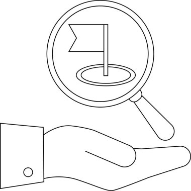 Bir el, bir delikte bayraklara odaklanan bir büyüteç tutarak hedef başarısını ve odaklanmayı sembolize eder..