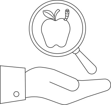 Bir el, bir elmanın üzerinde bir solucan ile büyüteç tutar. Temiz, minimalist bir sanat tarzıyla sunulur..