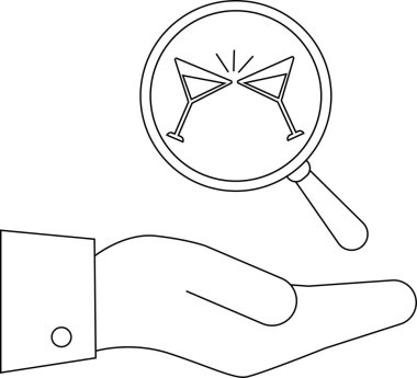 Bir el, iki kadeh martini kadehine odaklanmış, kutlamayı, soruşturmayı ya da sosyal etkinliklerdeki ayrıntılara dikkat etmeyi sembolize eden bir büyüteç tutuyor..