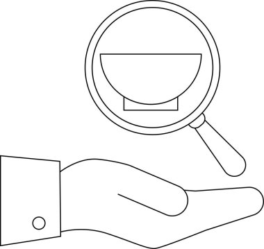 Tabağın üzerine büyüteç tutan bir elin minimalist çizgisi. Arama ve teftişi sembolize ediyor..